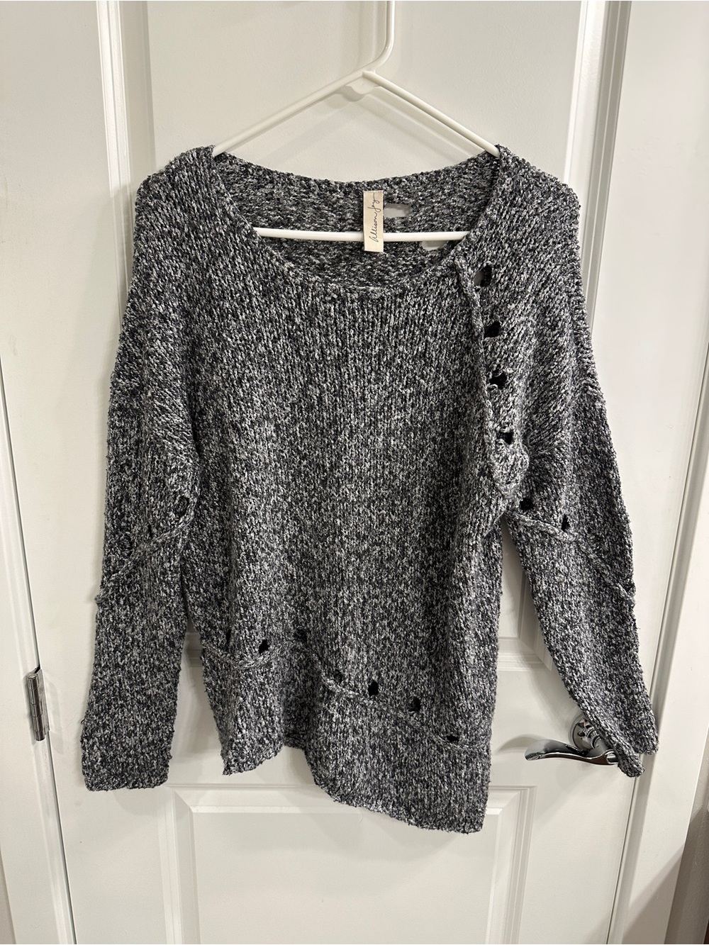 Allison Joy Marled Black & White Distressed Crewneck Sweater - medium
